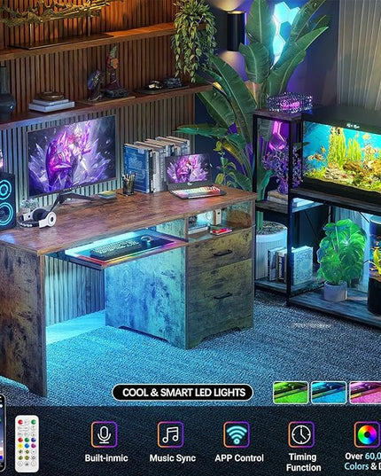 Office Desk with File Cabinet, 55 Inch Reversible Computer Desk with Smart LED Light and Power Outlet, Sturdy Gaming Desk with Keyboard Tray & Storage Drawers, Easy to Assemble, Rustic Brown - LeafyLoom