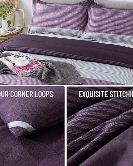 Andency Stripe Comforter Set King Size (104x90 Inch), 3 Pieces Purple and Gray Patchwork Striped Comforter, Soft Microfiber Down Alternative Comforter Bedding Set with Corner Loops - LeafyLoom