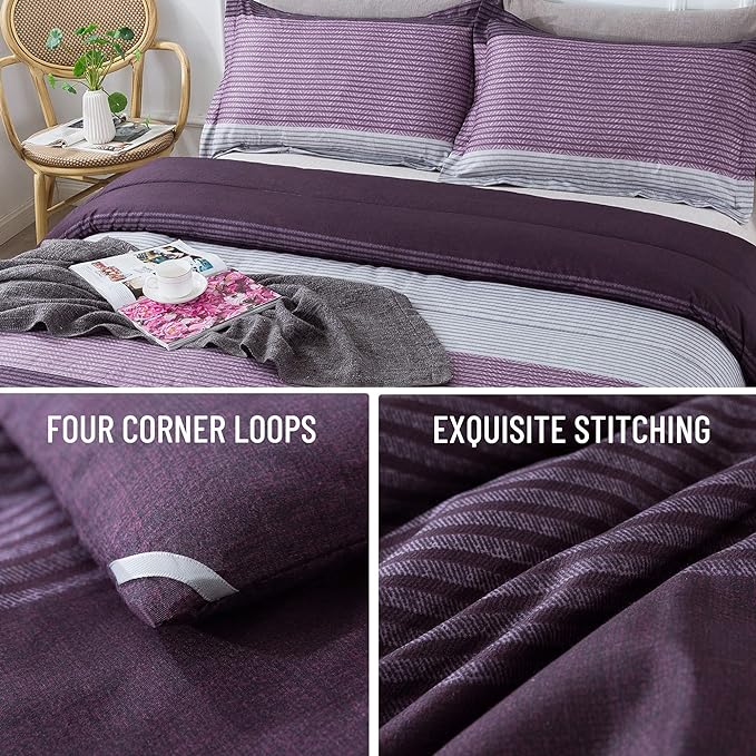 Andency Stripe Comforter Set Full Size (79x90 Inch), 3 Pieces Purple and Gray Patchwork Striped Comforter, Soft Microfiber Down Alternative Comforter Bedding Set with Corner Loops - LeafyLoom