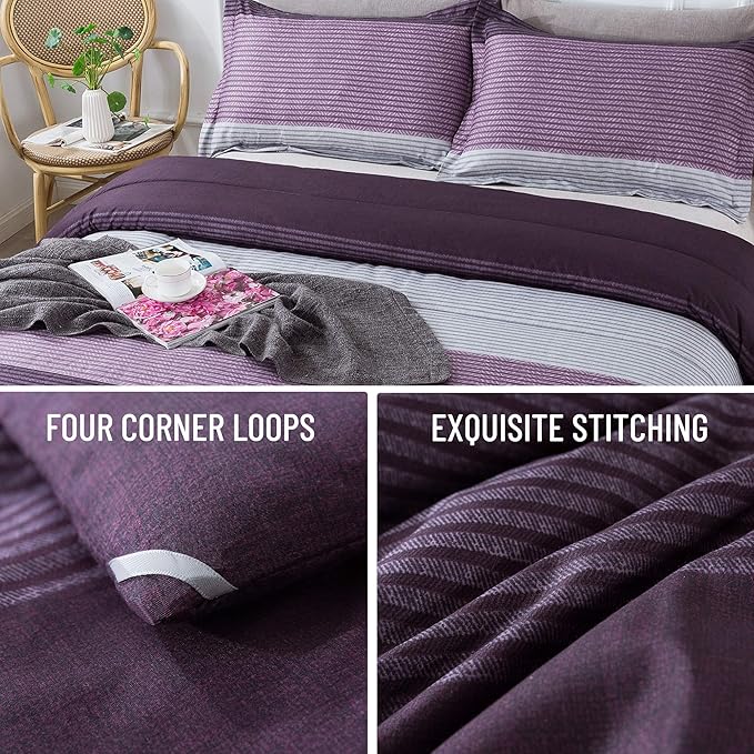 Andency Stripe Comforter Set Queen Size (90x90 Inch), 3 Pieces Purple and Gray Patchwork Striped Comforter, Soft Microfiber Down Alternative Comforter Bedding Set with Corner Loops - LeafyLoom