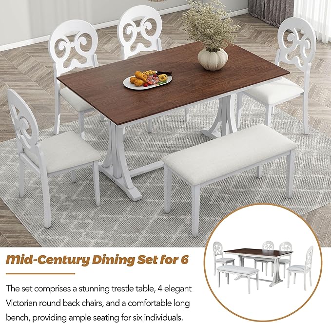 6-Piece Mid-Century Dining Set for 6, Trestle Table and 4 Elegant Victorian Round Back Chairs & Bench, for Kitchen Living Room, Cherry+Antique White, 59.8" L x 35.8" W x 30" H - LeafyLoom