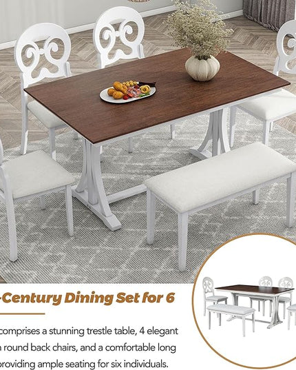 Dining Table Set for 6, Mid-Century 6-Piece Dining Room Table Set with Victorian Round Upholstered Dining Chairs and Long Bench, Kitchen Table Set for Living Room, Cherry+Antique White - LeafyLoom