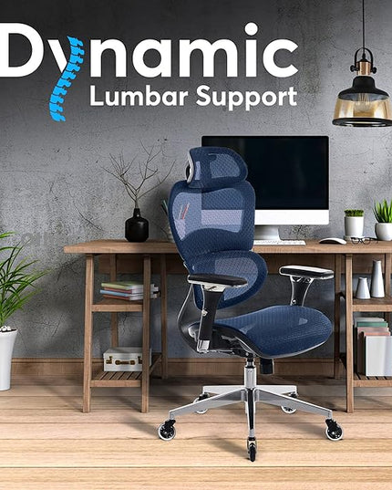 Oline ErgoPro Ergonomic Office Chair - Rolling Desk Chair with 4D Adjustable Armrest, 3D Lumbar Support and Blade Wheels - Mesh Computer Chair, Gaming Chairs, Executive Swivel Chair (Navy Blue) - LeafyLoom