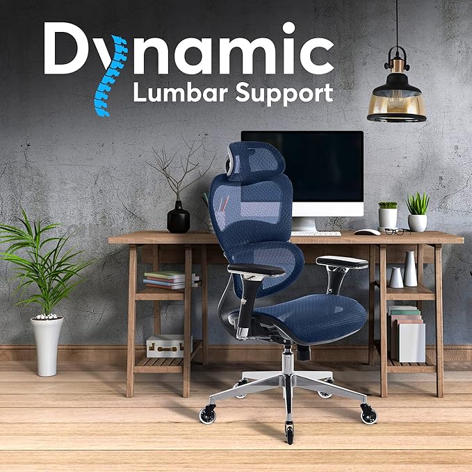 Oline ErgoPro Ergonomic Office Chair - Rolling Desk Chair with 4D Adjustable Armrest, 3D Lumbar Support and Blade Wheels - Mesh Computer Chair, Gaming Chairs, Executive Swivel Chair (Navy Blue) - LeafyLoom