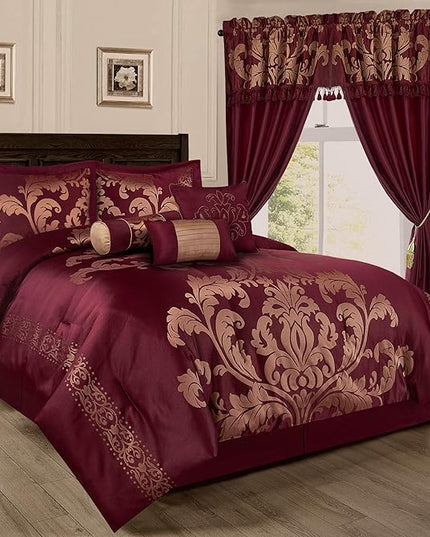 Chezmoi Collection 7-Piece Jacquard Floral Comforter Set (California King, Maroon) - LeafyLoom