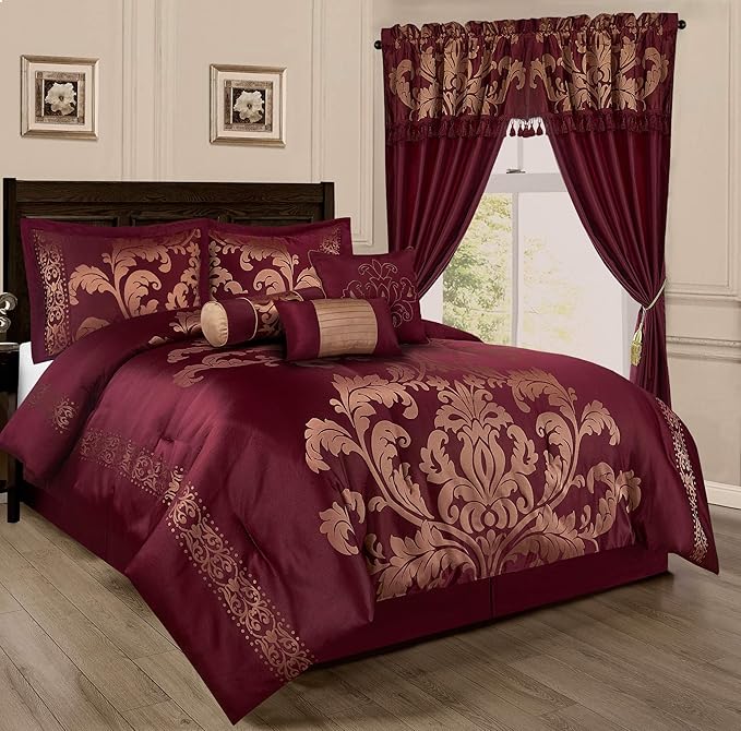 Chezmoi Collection 7-Piece Jacquard Floral Comforter Set (King, Maroon) - LeafyLoom