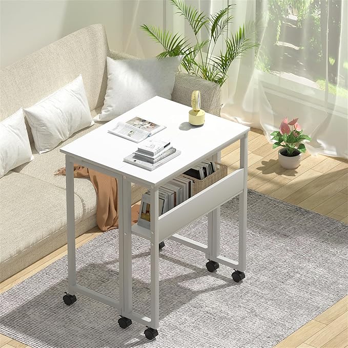 GreenForest Folding Desk White Desk with Storage Shelf,24.8 inch Foldable Computer Desk with Wheels Small Desk for Small Space,Easy Assembly,Pure White - LeafyLoom