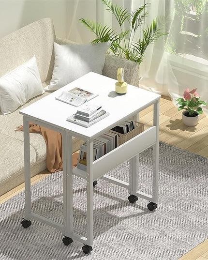 GreenForest Folding Desk White Desk with Storage Shelf,31.5 inch Foldable Computer Desk with Wheels Small Desk for Small Space,Easy Assembly,Pure White - LeafyLoom