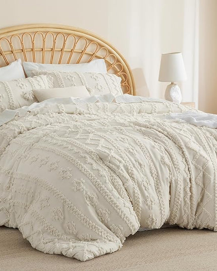 Bedsure Tufted Boho Comforter Set Full - Beige Boho Bedding Comforter Set, 3 Pieces Farmhouse Shabby Chic Embroidery Bed Set, Soft Jacquard Comforter for All Seasons - LeafyLoom