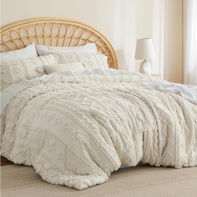 Bedsure Tufted Boho Comforter Set Full - Beige Boho Bedding Comforter Set, 3 Pieces Farmhouse Shabby Chic Embroidery Bed Set, Soft Jacquard Comforter for All Seasons - LeafyLoom