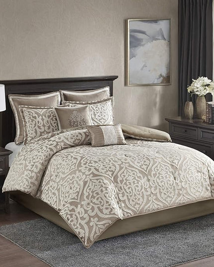 Madison Park Odette Cozy Comforter Set Jacquard Damask Medallion Design - Modern All Season, Down Alternative Bedding, Shams, Decorative Pillow, King(104 in x 92 in), Tan 8 Piece - LeafyLoom