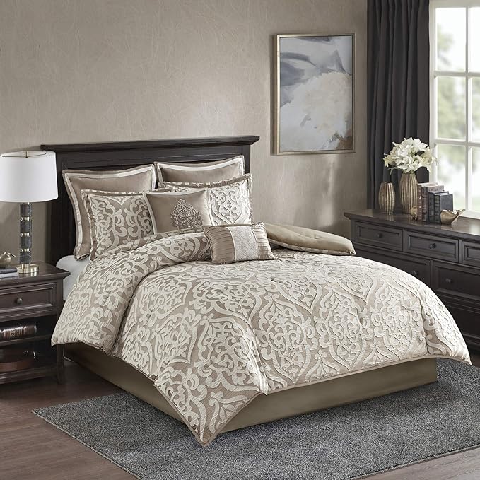 Madison Park Odette Cozy Comforter Set Jacquard Damask Medallion Design - Modern All Season, Down Alternative Bedding, Shams, Decorative Pillow, King(104 in x 92 in), Tan 8 Piece - LeafyLoom