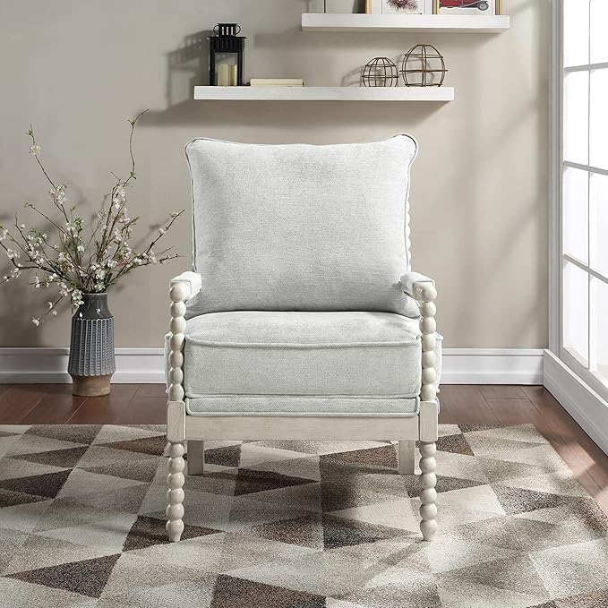OSP Home Furnishings Kaylee Spindle Accent Chair with Antique White Wood Frame, 26.5” W x 32.25” D x 37” H, Smoke Grey Fabric - LeafyLoom