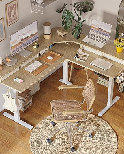 FEZIBO 63" L Shaped Standing Desk with 4 Drawers, Electric Standing Gaming Desk Adjustable Height, Corner Stand up Desk with Splice Board, White Frame/Light Walnut Top - LeafyLoom