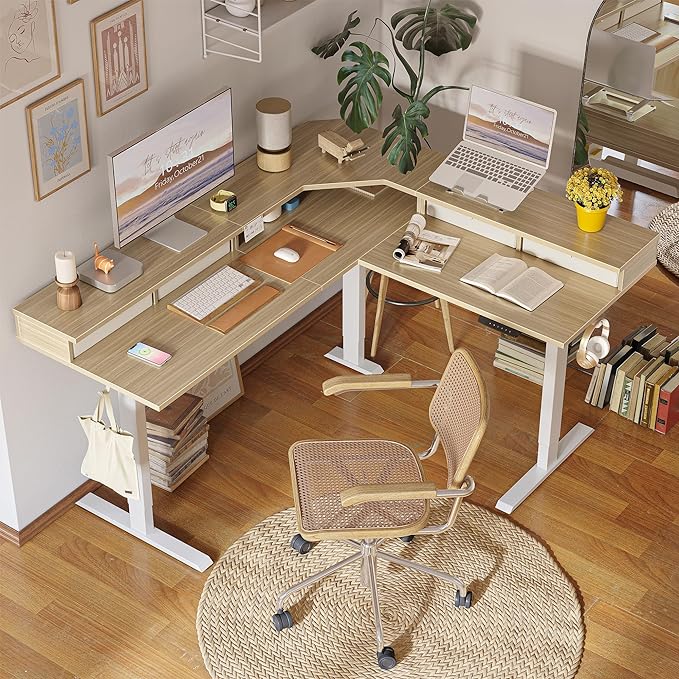FEZIBO 63" L Shaped Standing Desk with 4 Drawers, Electric Standing Gaming Desk Adjustable Height, Corner Stand up Desk with Splice Board, White Frame/Light Walnut Top - LeafyLoom