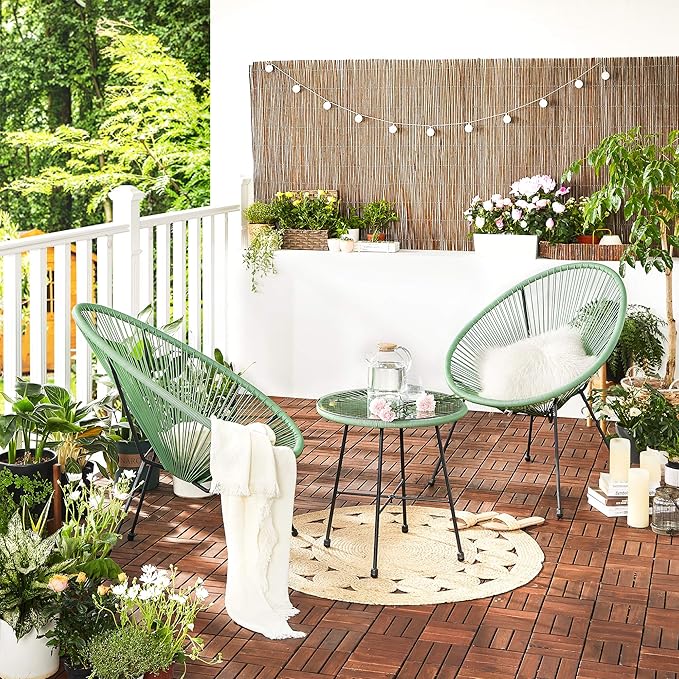 SONGMICS 3-Piece Outdoor Seating Acapulco Chair, Modern Patio Furniture Set, Glass Top Table and 2 Chairs, Indoor and Outdoor Conversation Bistro Set, Light Green UGGF011C01 - LeafyLoom