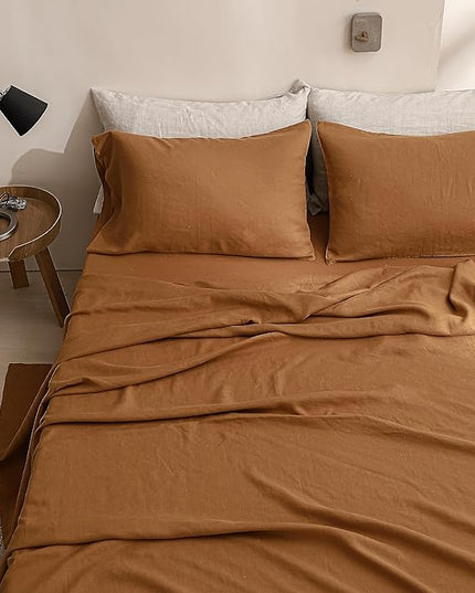 Simple&Opulence 100% Linen Sheet Set Solid Color-4 Pcs Washed French Linen Bed Sheets(1 Flat Sheet,1 Fitted Sheet,2 Pillowcases)-Breathable Bedding Set (Rust, King) - LeafyLoom
