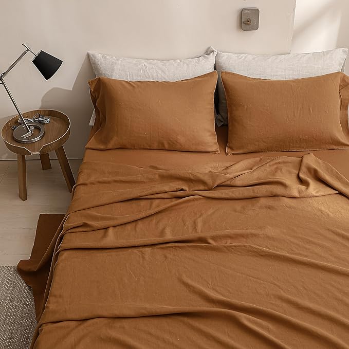 Simple&Opulence 100% Linen Sheet Set Solid Color-4 Pcs Washed French Linen Bed Sheets(1 Flat Sheet,1 Fitted Sheet,2 Pillowcases)-Breathable Bedding Set (Rust, King) - LeafyLoom