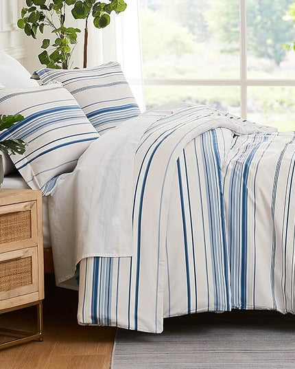 Southshore Fine Living, Inc. 3-Piece Full/Queen Comforter Set, Down Alternative All-Season Striped Comforter with 2 Shams, Soft Microfiber Bedspread, Full or Queen Bed, Coastal Stripes Blue - LeafyLoom