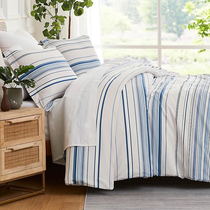 Southshore Fine Living, Inc. 3-Piece Full/Queen Comforter Set, Down Alternative All-Season Striped Comforter with 2 Shams, Soft Microfiber Bedspread, Full or Queen Bed, Coastal Stripes Blue - LeafyLoom
