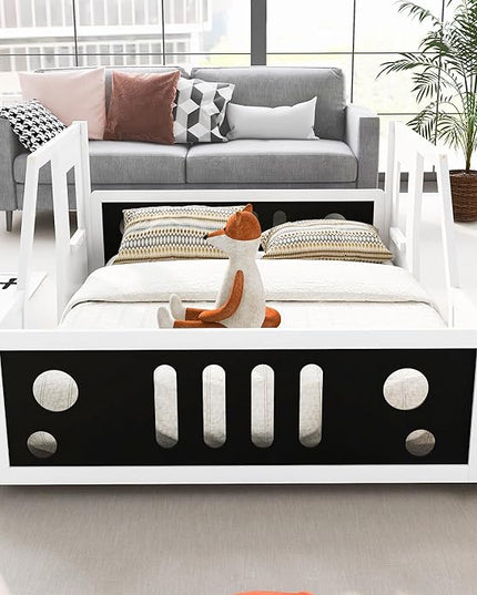 Full Size Classic Car-Shaped Platform Bed with Wheels,Wooden Floor Bedframe W/Door Design,Fun Play Toy Car Furniture for Boys Kids Toddlers Child's Bedroom,White - LeafyLoom