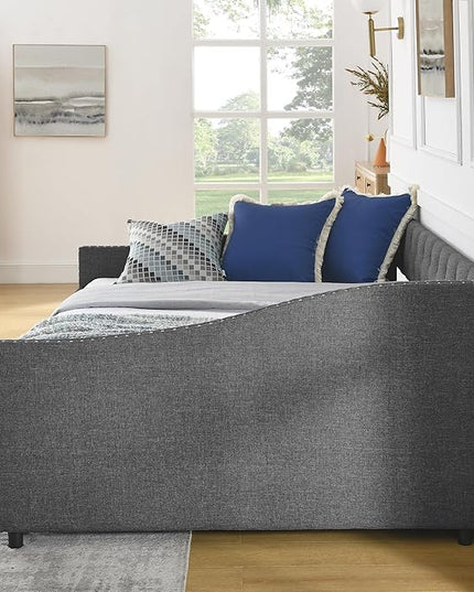 Full Size Daybed with Two Storage Drawers, Linen Upholstered Tufted Sofa Bed w/Button on Back and Copper Nail on Waved Shape Arms, for Bedroom Living Room, No Box Spring Needed, Dark Grey - LeafyLoom