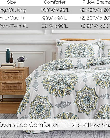 Southshore Fine Living, Inc. Oversized Full/Queen Comforter Bedding Set, Down Alternative Boho Bedspread, Paisley Floral Print Comforter, Full Size/Queen with 2 Matching Shams, Aqua on White - LeafyLoom