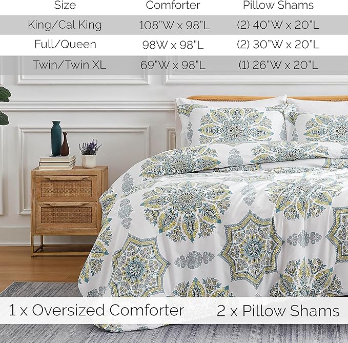 Southshore Fine Living, Inc. Oversized Full/Queen Comforter Bedding Set, Down Alternative Boho Bedspread, Paisley Floral Print Comforter, Full Size/Queen with 2 Matching Shams, Aqua on White - LeafyLoom