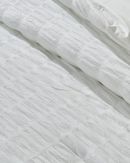Full/Queen 100% Cotton Comforter Set | White Puckered Striped Down Alternative Comforter | All Season, Linen-Like, Textured 3 Piece Bedding Comforter Set (Full/Queen, White) - LeafyLoom