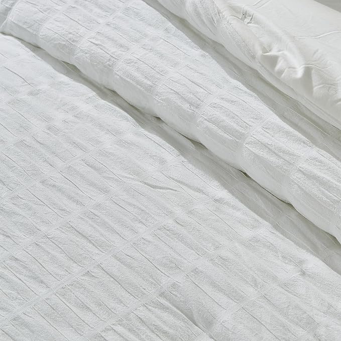 Full/Queen 100% Cotton Comforter Set | White Puckered Striped Down Alternative Comforter | All Season, Linen-Like, Textured 3 Piece Bedding Comforter Set (Full/Queen, White) - LeafyLoom