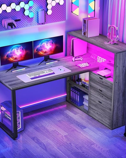 DWVO L Shaped Desk with Drawers, 55" Corner Computer Desk with Bookshelf & Power Outlets & LED Lights, Home Office Desk with Storage Shelves, Grey - LeafyLoom
