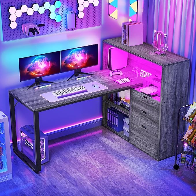 DWVO L Shaped Desk with Drawers, 55" Corner Computer Desk with Bookshelf & Power Outlets & LED Lights, Home Office Desk with Storage Shelves, Grey - LeafyLoom
