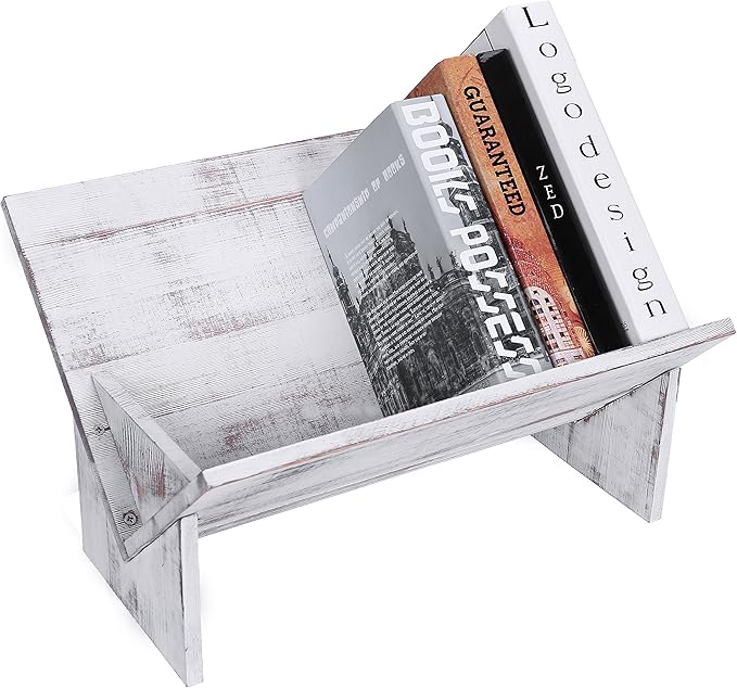 MyGift Shabby Whitewashed Wood Bookcase with Tilted Design, Decorative Storage Organizer Display Bookshelf - LeafyLoom