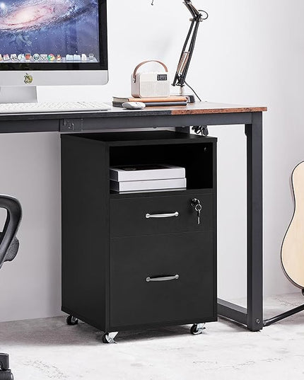Yaheetech File Cabinet, Under Desk Vertical Cabinet with 2 Drawers and Open Compartment, Printer Stand with Lockable Wheels for A4 Letter Size Hangable File Folders for Home Office(Black) - LeafyLoom
