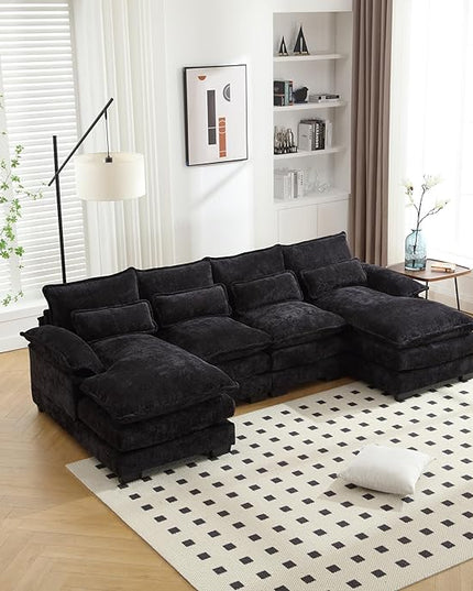 6 Seater Overstuffed Modular Sectional Sofa Cloud Couch with Double Chaise Lounge, U Shaped Chenille Upholstered Leisure Sofa&Couches with Memory Foam and Waist Pillows for Living Room Office - LeafyLoom