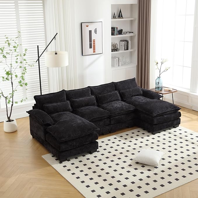 6 Seater Overstuffed Modular Sectional Sofa Cloud Couch with Double Chaise Lounge, U Shaped Chenille Upholstered Leisure Sofa&Couches with Memory Foam and Waist Pillows for Living Room Office - LeafyLoom