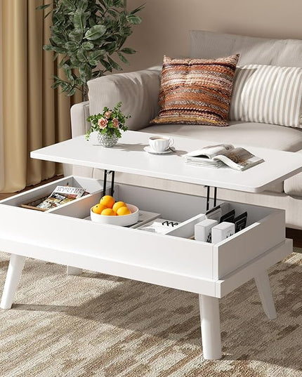 Shintenchi Coffee Table, Lift Top Coffee Table with Hidden Compartment, Rising Tabletop Dining Table, Lift Top Coffee Center Table for for Living Room, Office, Home (White) - LeafyLoom