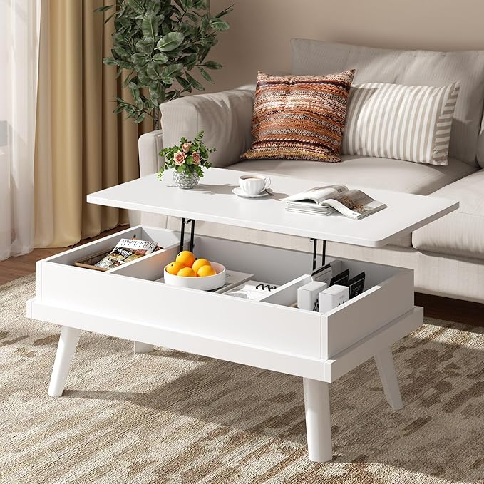 Shintenchi Coffee Table, Lift Top Coffee Table with Hidden Compartment, Rising Tabletop Dining Table, Lift Top Coffee Center Table for for Living Room, Office, Home (White) - LeafyLoom