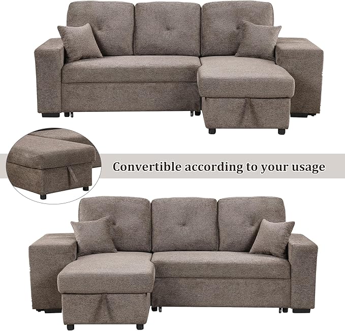 95" L-Shaped Sectional Sleeper Sofa with Storage Chaise &Pull-Out Bed, Velvet Upholstered Reversible Corner Couch w/ 2 Stools, for Living Room, Apartment, 95 Inch, Knox Charcoal - LeafyLoom