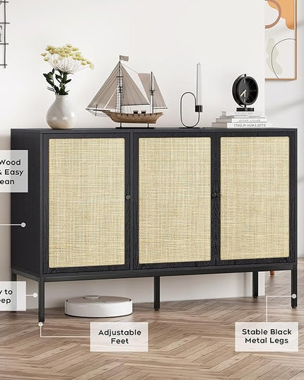 Brafab Rattan Cabinet Storage Sideboard Buffet Table Accent Console for Living Room Entryway Kitchen Dining Room 3 Doors Black - LeafyLoom