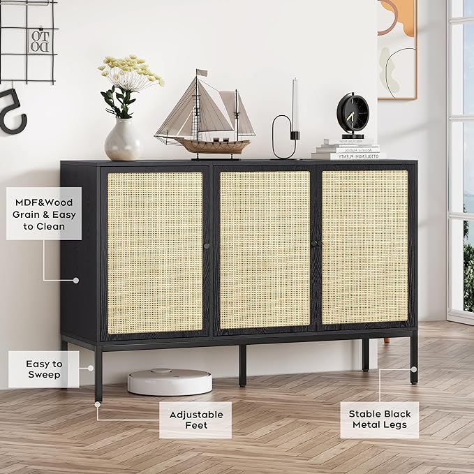 Brafab Rattan Cabinet Storage Sideboard Buffet Table Accent Console for Living Room Entryway Kitchen Dining Room 3 Doors Black - LeafyLoom