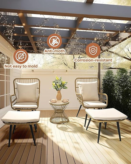 Pamapic 5 Piece Outdoor Patio Bistro Set, Conversation Sets with Ottoman, Rattan Wicker Outdoor Balcony Furniture Chairs for Poorside Garden Balcony, Cream - LeafyLoom