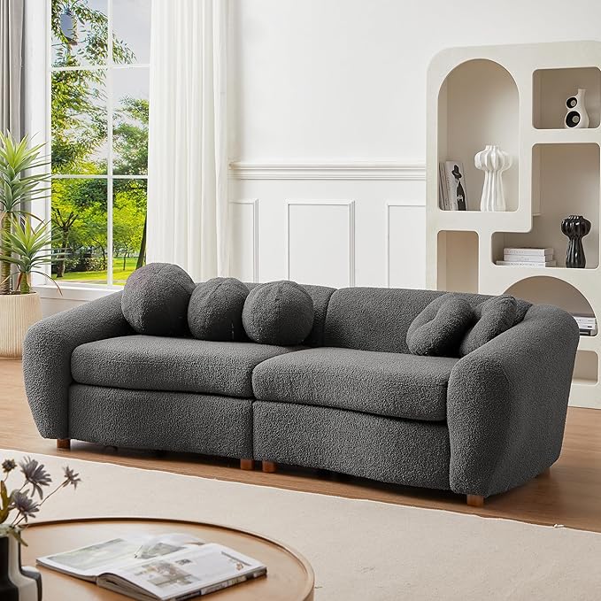 Modern Cloud Curved Sofa Comfy Boucle Couch, Luxury 3 Teddy Fabric Upholstered Leisure Deap Seat Sectional Sofá with 5 Decorative Throw Pillows for Living Room, Gray 87.7" w - LeafyLoom