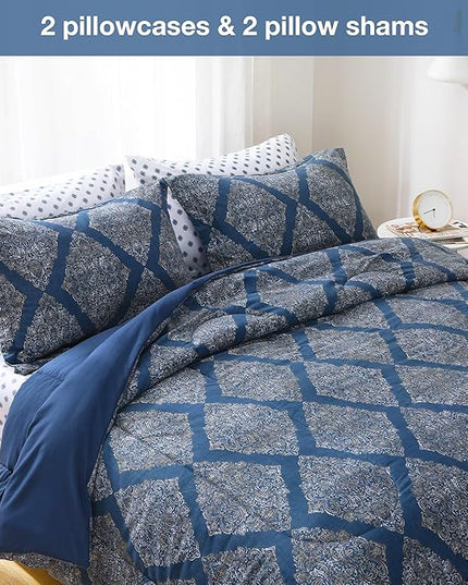 Printed Queen Bedding Sets with Comforter and Sheets, 7 Piece Bed in A Bag Comforter Set with Fluffy Microfiber, Vintage Navy Blue Plaid Paisley Pattern - LeafyLoom