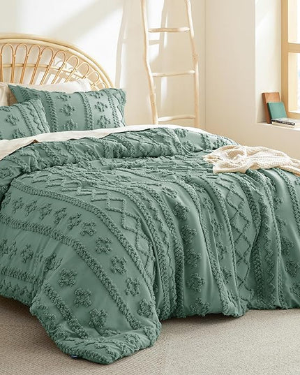 Bedsure Twin/Twin XL Comforter Set Dorm Bedding - Green Boho Bedding Comforter Set, 2 Pieces Farmhouse Shabby Chic Embroidery Bed Set, Soft Jacquard Tufted Comforter for College - LeafyLoom