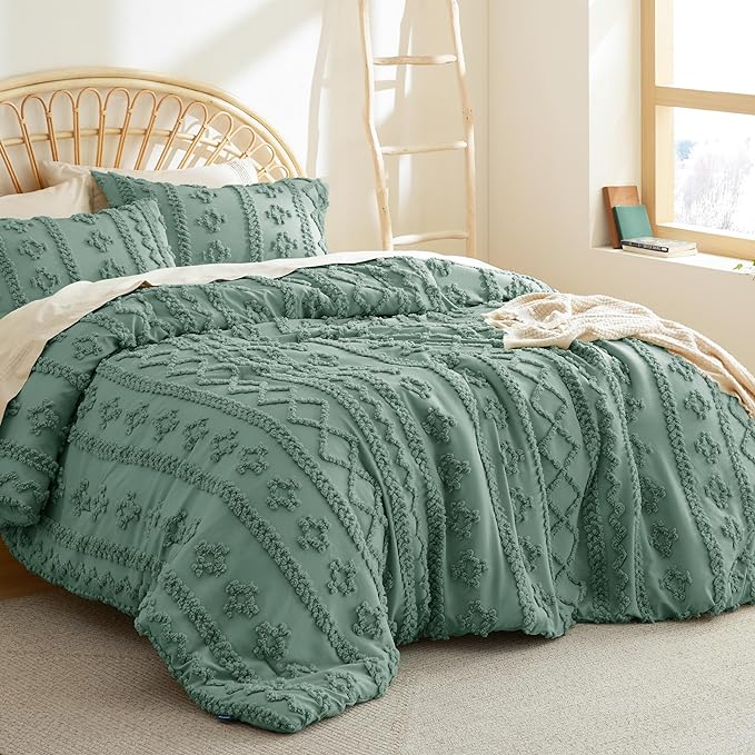 Bedsure Twin/Twin XL Comforter Set Dorm Bedding - Green Boho Bedding Comforter Set, 2 Pieces Farmhouse Shabby Chic Embroidery Bed Set, Soft Jacquard Tufted Comforter for College - LeafyLoom