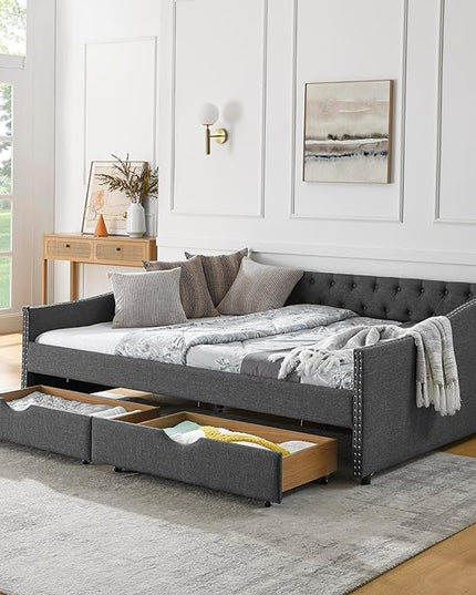 RITSU Queen Size Mid-Century Daybed, 2 Storage Drawers,Linen Button Upholstered Tufted Sofa Bed, Copper Nail on Waved Shape Arms, No Box Spring Needed,for Bedroom, Livingroom, Dark Grey, 84.50 - LeafyLoom