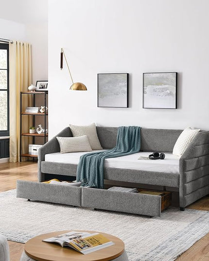 Twin Size Linen Daybed with Dual Storage Drawers, Upholstered Wooden Frame w/Elegant Tufting, No Box Spring Necessary, Space-Saving Solution for Compact Areas, Grey-2 - LeafyLoom