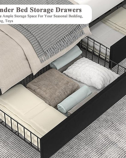 VECELO Full Size Upholstered Platform Bed Frame with 4 Storage Drawers, Adjustable Velvet Rivets Headboard, Wooden Slats Support, No Box Spring Needed, Easy Assembly - LeafyLoom