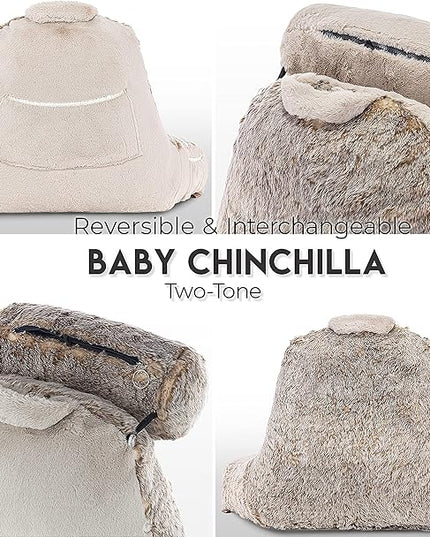 Husband Pillow XXL Ultra Rare Baby Chinchilla Backrest, Two-Tone Reversible Double Sided Fabulous Faux Fur Reading & Bed Rest Pillow with Arms & Neck Roll, Adjustable Memory Foam - Extremely Comfy - LeafyLoom